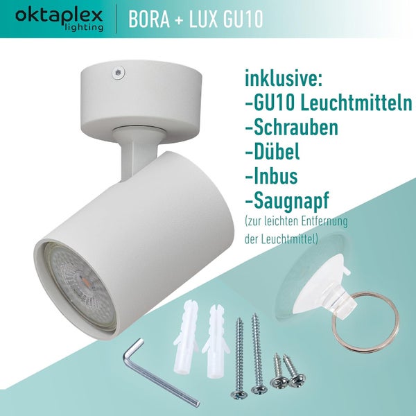 Bora Deckenstrahler GU10 inkl. LED Leuchtmittel 400lm 4000K neutralweiß 4,8W 230V Spotleuchte schwenkbar weiß
