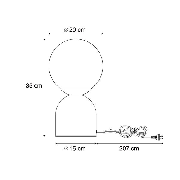 Maßzeichnung einer kugelförmigen Tischleuchte mit 35 cm Höhe, 20 cm Durchmesser oben und 15 cm Durchmesser am Sockel sowie 207 cm Kabel.