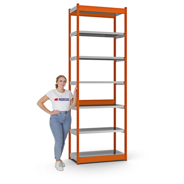 PROREGAL Fachbodenregal Stecksystem Vierkant-Profil Grundregal HxBxT 300 x 102,5 x 40 cm 7 Ebenen Einseitige Bauart Fachlast 200 kg Orange