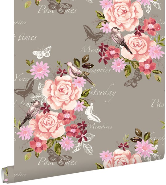 ESTAhome Tapete Blumen und Vögel Sepiabraun - 53 cm x 10.05 m - 138121