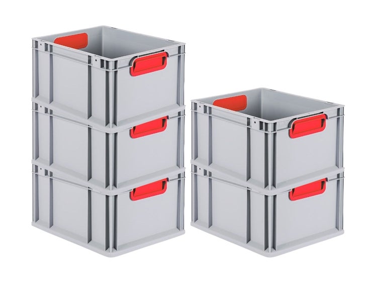 PROREGAL Spar Set 5x Eurobox Nextgen Color HxBxT 22 x 30 x 40 cm 20 Liter Griffe Rot Geschlossen Glatter Boden Eurobehälter Transportbox
