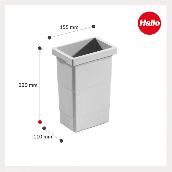 Hailo Logo. Grauer Mülleimer-Einsatz aus Kunststoff mit Maßen: 155 Millimeter Breite, 220 Millimeter Höhe und 110 Millimeter Tiefe.