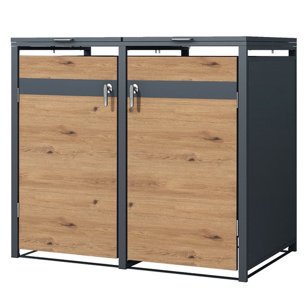 ML-Design Mülltonnenbox 2er 2 Tonnen 240L 132x80x116,3cm Anthrazit-Eichenoptik, Stahl, wetterfest/abschließbar Mülltonnenverkleidung Klappdeckel/2 Türen, Müllbox Mülltonnecontainer Mülltonnenabdeckung