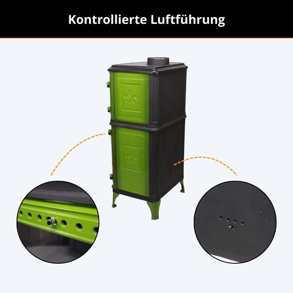 Kaminofen mit kontrollierter Luftführung sowie Detailansichten der Schieberegler zur Luftsteuerung.