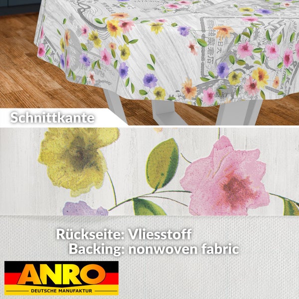Rundes Tischtuch mit Blumenmuster auf Holzoptik, Vliesstoff-Rückseite und Detail der Schnittkante. ANRO Logo.
