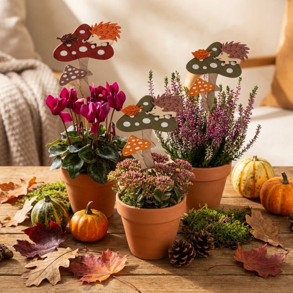 Drei herbstliche Blumenstecker aus Holz in Form von Fliegenpilzen mit Igeln, dekoriert in Tontöpfen mit Cyclamen und Heidekraut auf einem Holztisch