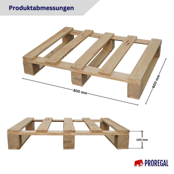 Holzpalette mit Produktabmessungen: 800 Millimeter Länge, 600 Millimeter Breite und 140 Millimeter Höhe. PROREGAL Logo.