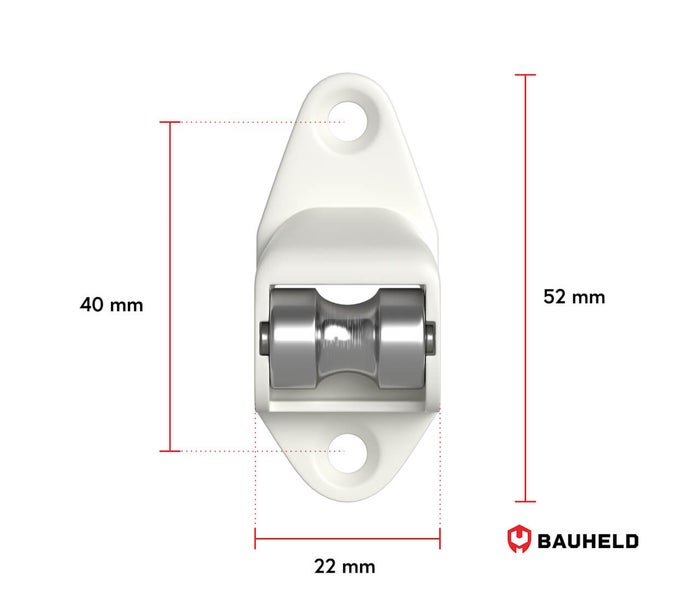 Bauheld Rollenhalterung mit den Maßen 52 mm Höhe, 40 mm Breite und 22 mm Tiefe.