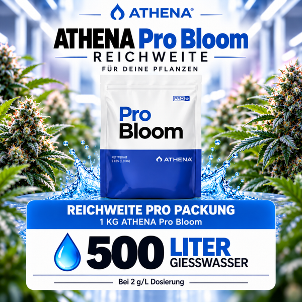 Athena Pro Bloom Pflanzendünger in der Packung mit Hinweis auf eine Reichweite von 500 Liter Gießwasser bei zwei Gramm pro Liter Dosierung.