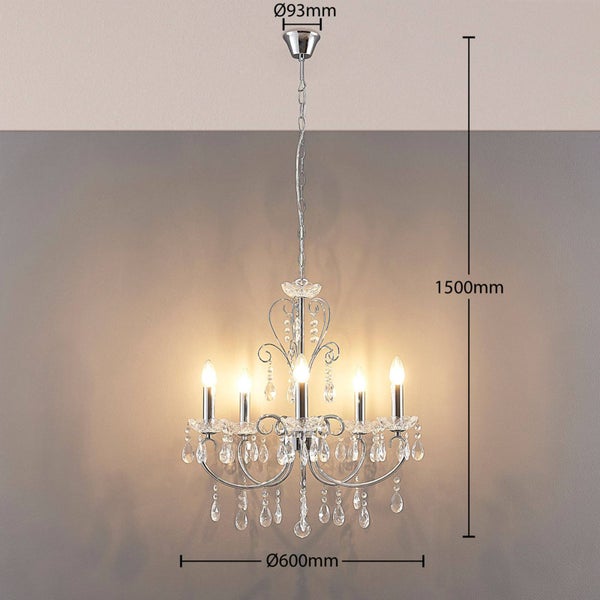 Kristalllüster mit fünf Leuchten und den Maßen 600 mal 1500 Millimeter