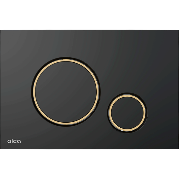 Schwarze Alca WC-Betätigungsplatte mit zwei runden Spültasten und goldfarbenen Ringen.