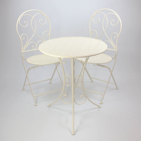 FRANK FLECHTWAREN | Bistro-Set White Romance, 3tlg., METALL, Stuhl 40 x 43 x 93 cm, Sitzhöhe 45 cm, platzsparend zusammenklappbar, Tisch Ø 60 x 70 cm
