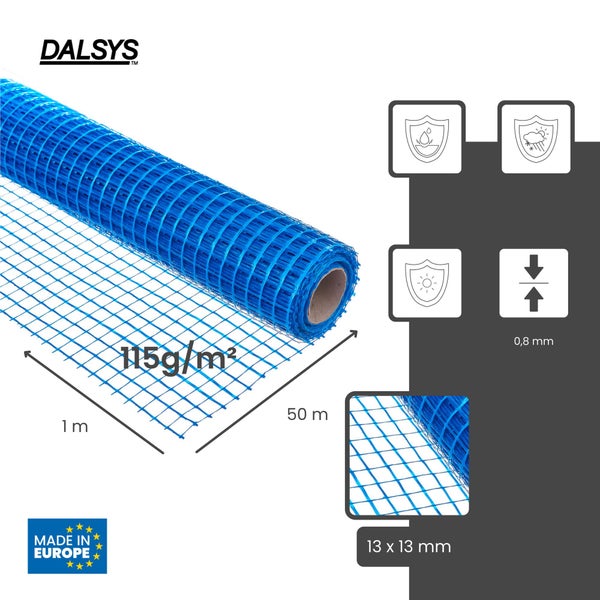 DALSYS Logo, Geweberolle, 115 Gramm pro Quadratmeter, 1 Meter mal 50 Meter, Maschenweite 13 mal 13 Millimeter, Dicke 0,8 Millimeter, wetterbeständig.