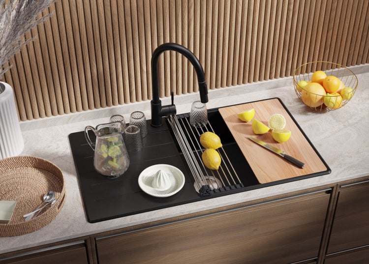 PRIMAGRAN Spülbecken Schwarz 90x50cm, Granitspüle 1 Becken + Ablauf-Set + Schneidebrett, Küchenspüle ab 60er Unterschrank - Kopenhagen