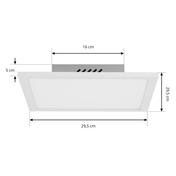 Quadratisches LED-Panel mit Maßangaben. Breite 29,5 Zentimeter, Länge 29,5 Zentimeter, Gesamthöhe 5 Zentimeter, Sockelbreite 16 Zentimeter.