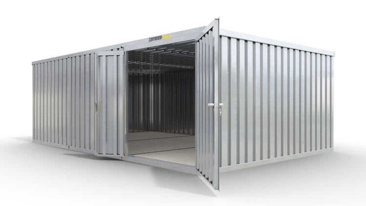 Lagercontainer Gerätehaus M3  – 18 qm, H2150 x B3050 x T6520 mm, verzinkt, mit Holzfußboden, 1830 mm Doppelflügeltür mittig in Modul D, zerlegt