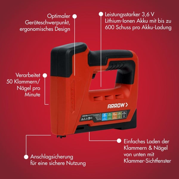 Akkubetriebener Elektrotacker von Arrow mit 3,6 Volt Lithium-Ionen-Akku, ergonomischem Design, Anschlagsicherung und Sichtfenster für Klammern.