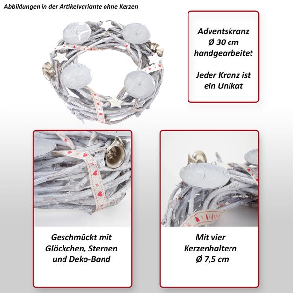 Weihnachtlicher Adventskranz mit vier Kerzenhaltern, Glocken, Sternen und Zierband
