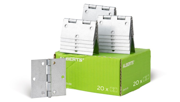 Ein Set aus 20 verzinkten Scharnieren von Alberts in einer Produktverpackung
