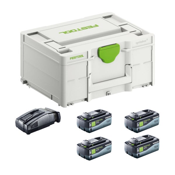 Festool Energie-Set mit Systainer, vier 18 Volt 8,0 Amperestunden Li-HighPower Airstream Akkus und einem Ladegerät.