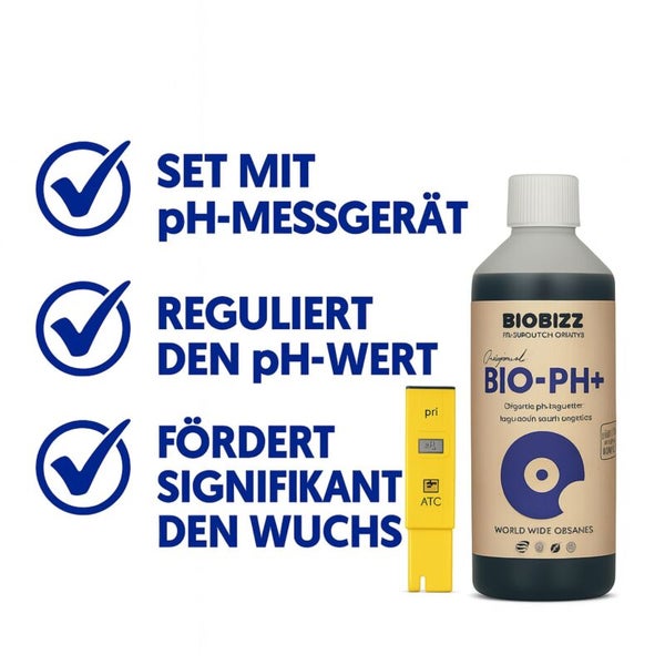 Biobizz Bio-PH+ Set bestehend aus Flüssigkeit zur pH-Wert-Regulierung und einem digitalen pH-Messgerät zur Förderung des Pflanzenwachstums.