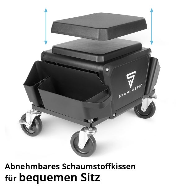 Werkstatthocker mit abnehmbarem Schaumstoffsitz, Rollen und Werkzeugablagen