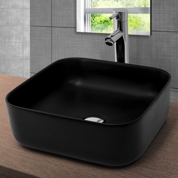 ML-Design Waschbecken Keramik Schwarz 39,5x39,5x14 Eckig cm inkl. Ablaufgarnitur, Moderne Aufsatzwaschbecken ohne Überlauf, Waschtisch Waschschale Waschplatz Handwaschbecken, für Badezimmer/Gäste-WC