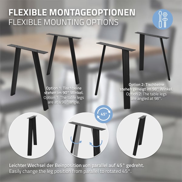 Grafik mit Montageoptionen für Tischbeine mit verstellbaren Winkeln von 90 oder 98 Grad sowie drehbarer Beinposition für individuelle Tische.