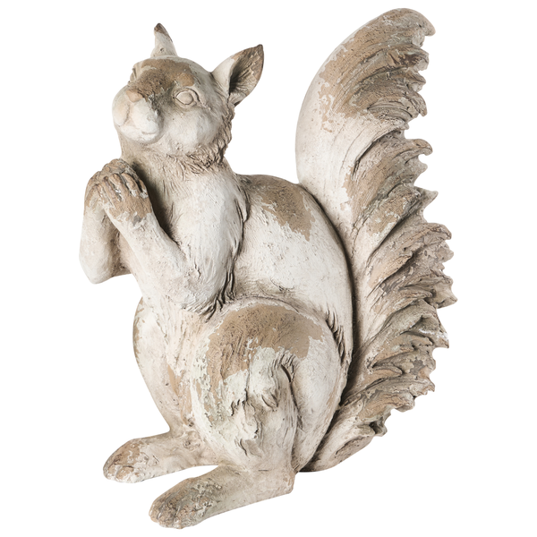 Gartenfigur Eichhörnchen aus wetterfestem Magnesia in Steinoptik mit antiker Patina.