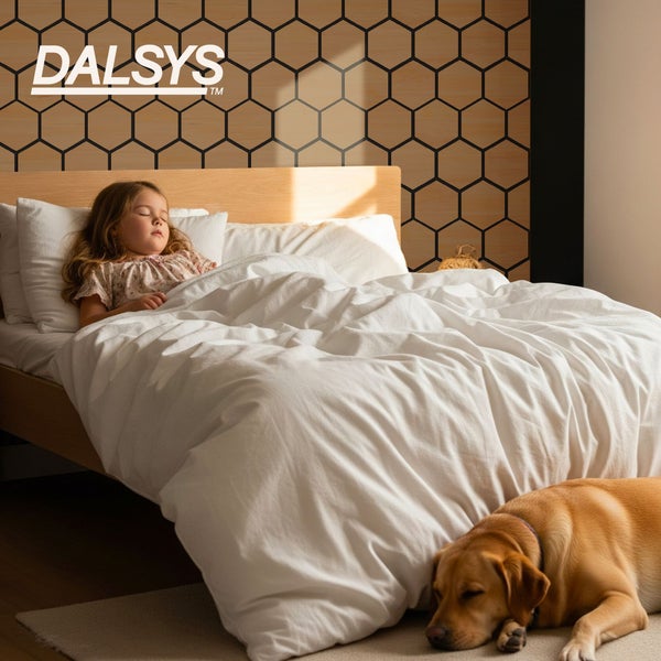 DALSYS Logo. Schlafzimmer mit schlafendem Kind im Holzbett und Hund auf dem Boden vor einer Wand mit Sechseck-Muster in Holzoptik.