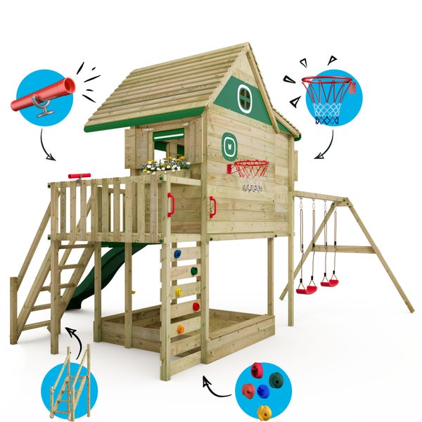 WICKEY Stelzenhaus Smart GreenHouse mit Schaukel und Rutsche,integriertem Sandkasten und großem Spielhaus mit massiver Treppe mit Handlauf, Fenstern, Rollos und Blumenkasten -  grün
