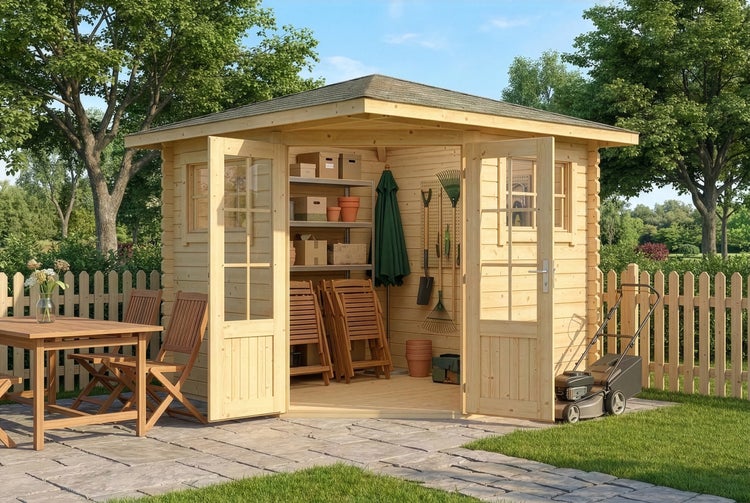 Offenes Gartenhaus aus Holz mit Regalen, Gartengeräten und Klappstühlen auf einer Steinterrasse neben einem Rasenmäher.