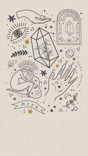 Handgezeichnete Illustration mit spirituellen Motiven wie Mond, Sternen, Kristallen, einem Auge und Händen.