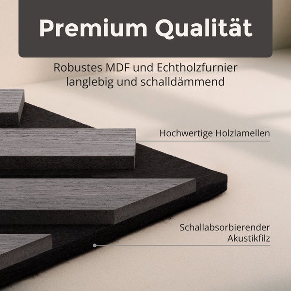 Detailansicht eines Akustikpaneels mit Holzlamellen aus MDF und Echtholzfurnier auf schallabsorbierendem Akustikfilz.