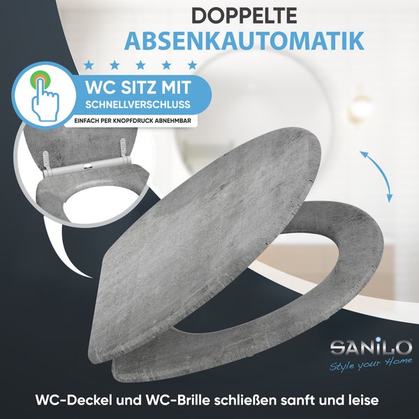 Sanilo WC-Sitz in Beton-Optik mit doppelter Absenkautomatik und Schnellverschluss. Sanilo Logo.