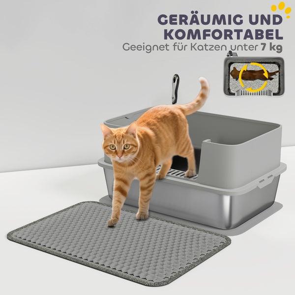 Geräumige offene Katzentoilette mit hohem Rand, grauer Vorlegematte und Streuschaufel, geeignet für Katzen bis 7 Kilogramm.