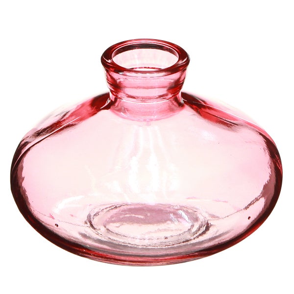 Kleine Vase aus rosa Glas mit runder Form und schmalem Hals.