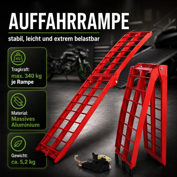 Klappbare Auffahrrampe aus massivem Aluminium, Tragkraft maximal 340 Kilogramm pro Rampe, Gewicht circa 5,2 Kilogramm, inklusive Spanngurt.