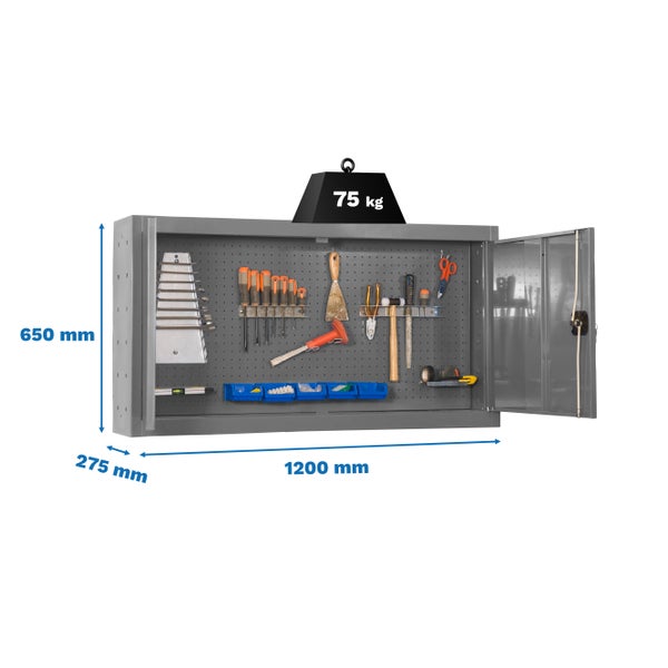 Geöffneter Werkzeugschrank mit Werkzeugen und den Maßen 1200 mm Breite, 650 mm Höhe und 275 mm Tiefe. Maximale Traglast 75 kg.