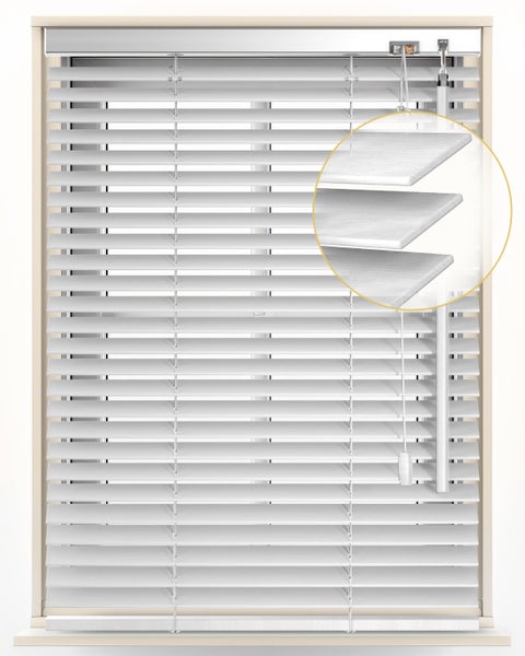 Jalousie mit horizontalen Lamellen zur Lichtregulierung inklusive Detailansicht der Lamellenstruktur.