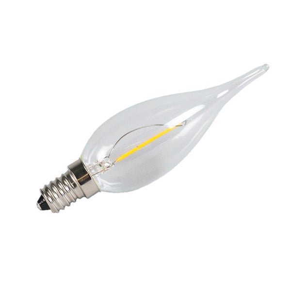 Klare LED-Filament-Lampe in Windstoßkerzenform mit E14-Sockel.