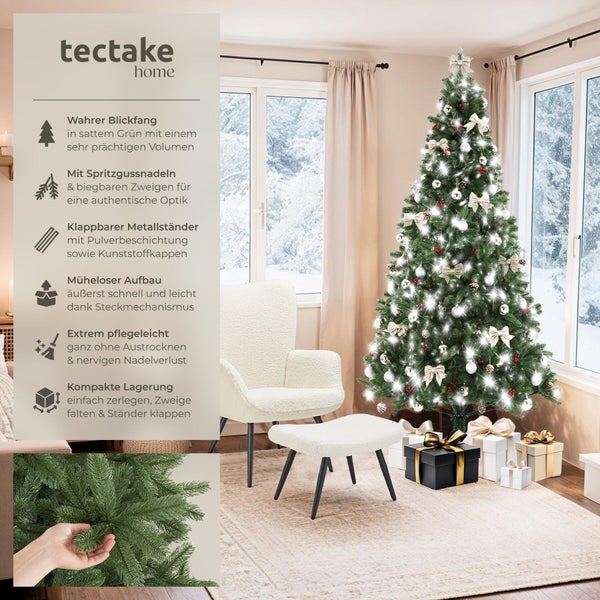 Weihnachtsbaum von tectake home mit Spritzgussnadeln und klappbarem Metallständer in einem weihnachtlich dekorierten Wohnzimmer.