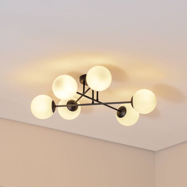 Deckenleuchte mit sechs kugelförmigen Lampen und schwarzem Gestell