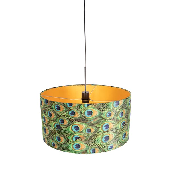 Pendelleuchte mit zylindrischem Lampenschirm im Pfauenfeder-Design und goldener Innenseite.