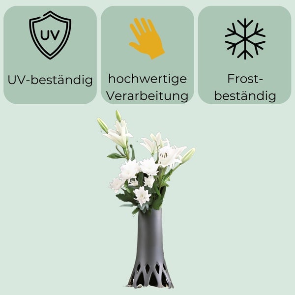 UV-beständig Symbol. Hochwertige Verarbeitung Symbol. Frostbeständig Symbol. Blumen in einer Vase