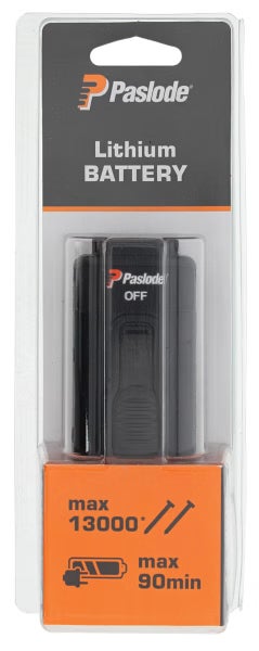 Paslode Lithium-Akku in Originalverpackung für Nagler, mit Angaben für maximal 13000 Schüsse und maximal 90 Minuten Ladezeit.
