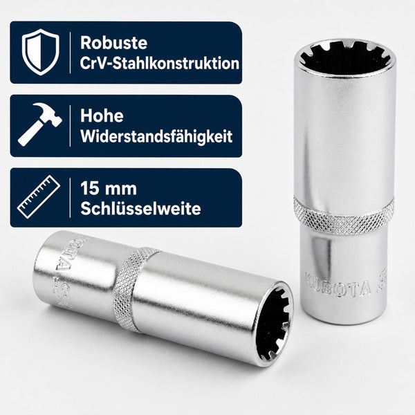 Zwei 15 Millimeter Steckschlüsseleinsätze aus Chrom Vanadium Stahl von Kubota mit Rändelung für hohe Widerstandsfähigkeit.