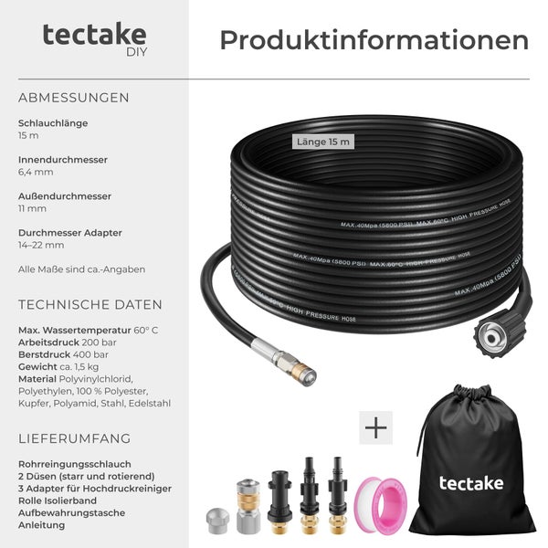 Tectake Rohrreinigungsset mit 15 Meter Schlauch, drei Adaptern, zwei Düsen und Dichtungsband in einer Aufbewahrungstasche für Hochdruckreiniger.