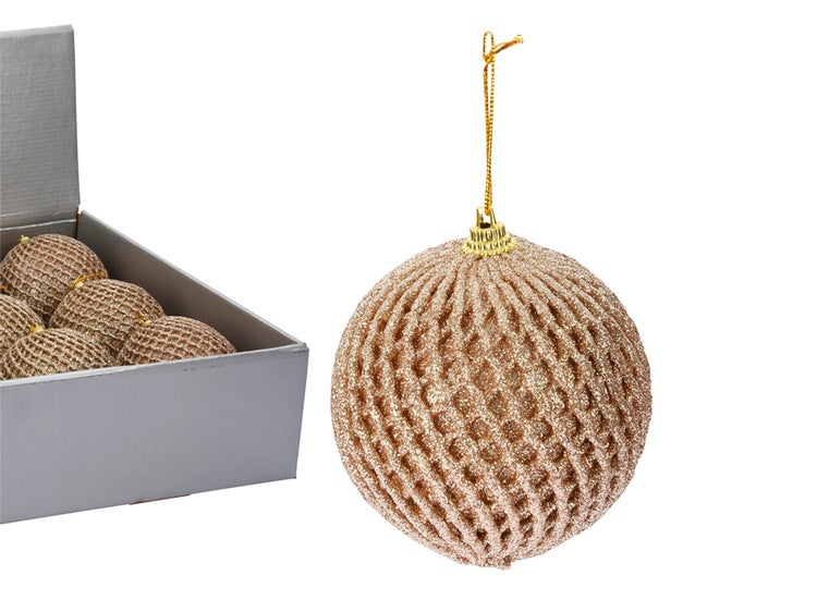 Satz von 12 Ornamenten: Champagner-Netz-Ornamente 10 cm