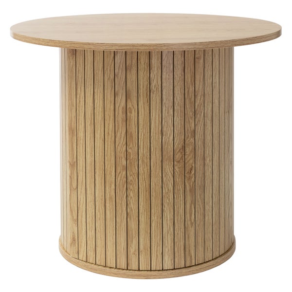 Runder Tisch aus Holz mit zylindrischem Standfuß in Lamellenoptik.
